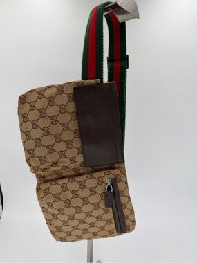 💚❤️Vintage Gucci GG Monogram Double Pocket Canvas Bum Bag with Sherry Line Belt